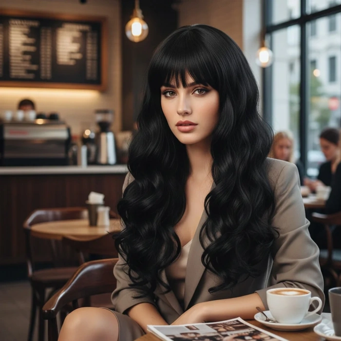 Dalgalı Perçemli Uzun Fiber Sentetik Peruk - Koyu Kestane