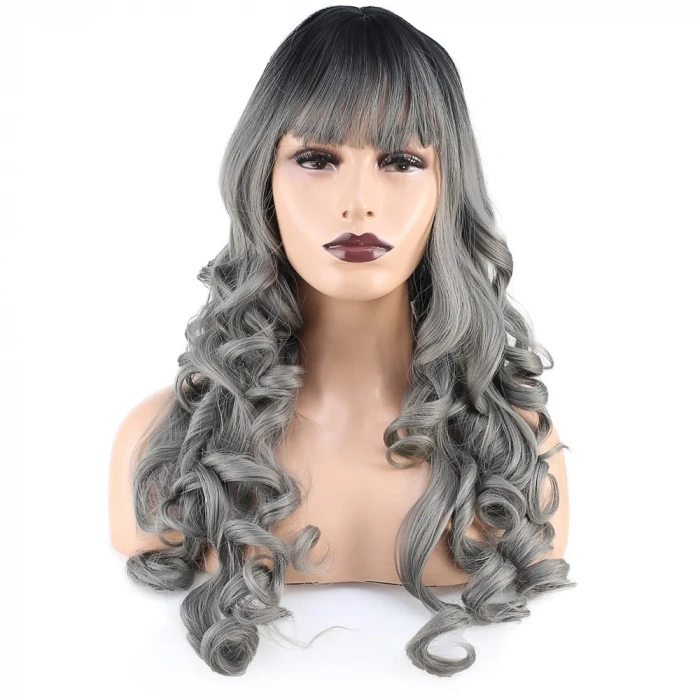 Dalgalı Perçemli Uzun Fiber Sentetik Peruk - Siyah / Gri Ombreli