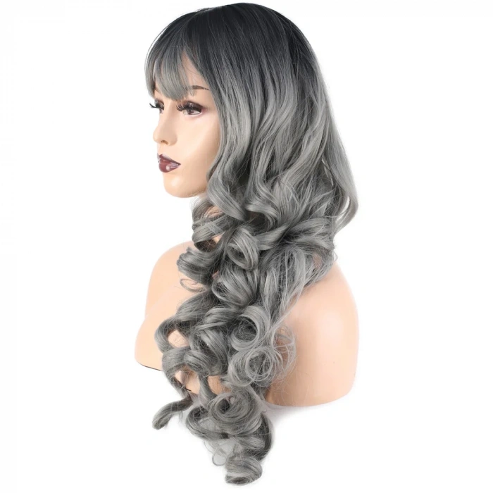 Dalgalı Perçemli Uzun Fiber Sentetik Peruk - Siyah / Gri Ombreli