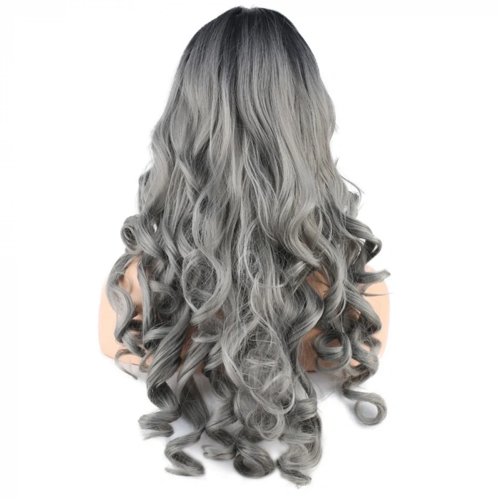 Dalgalı Perçemli Uzun Fiber Sentetik Peruk - Siyah / Gri Ombreli