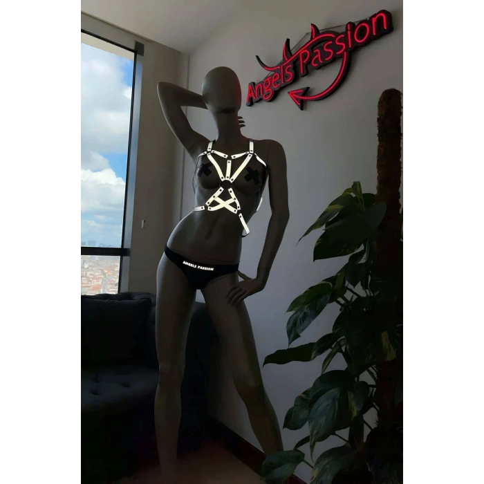 Dansçı Kostümleri Beyaz Reflektörlü Seksi Göğüs Harness - APFT107