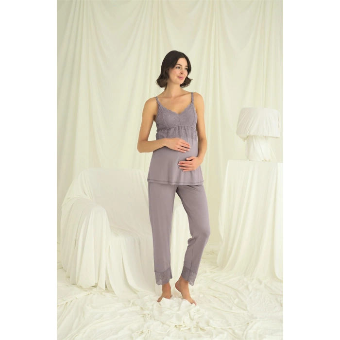 Dantelli Hamile Lohusa 3lü Pijama Takımı