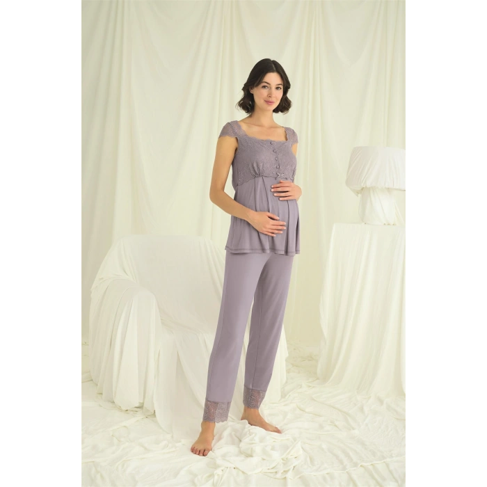 Dantelli Önü Düğmeli Hamile Lohusa 3lü Pijama Takımı