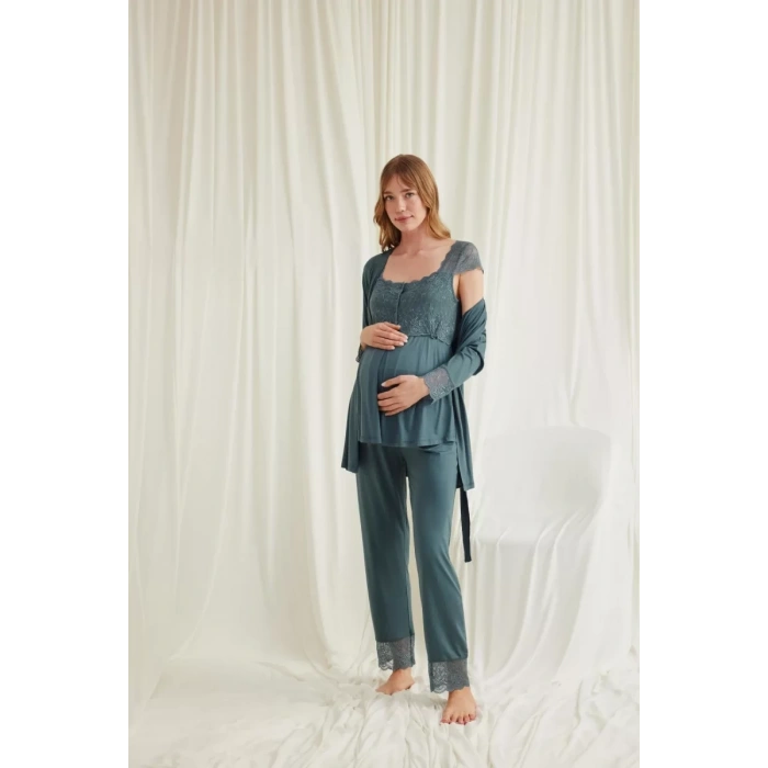 Dantelli Önü Düğmeli Hamile Lohusa 3lü Viskon Pijama Takımı