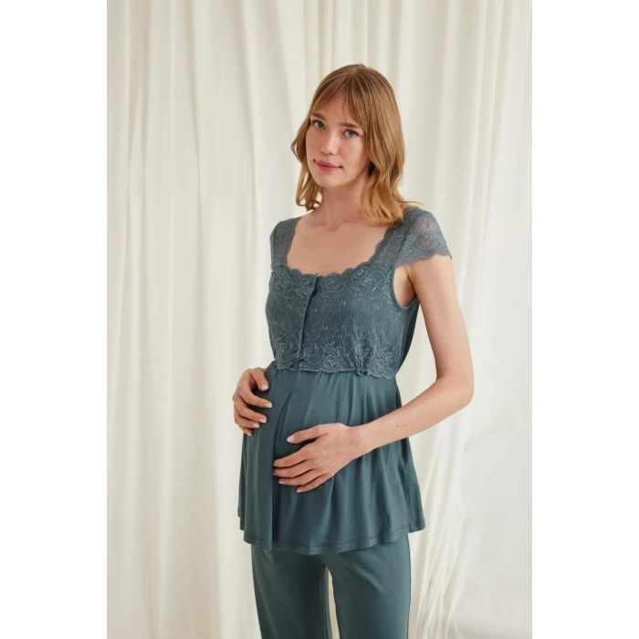Dantelli Önü Düğmeli Hamile Lohusa 3lü Viskon Pijama Takımı