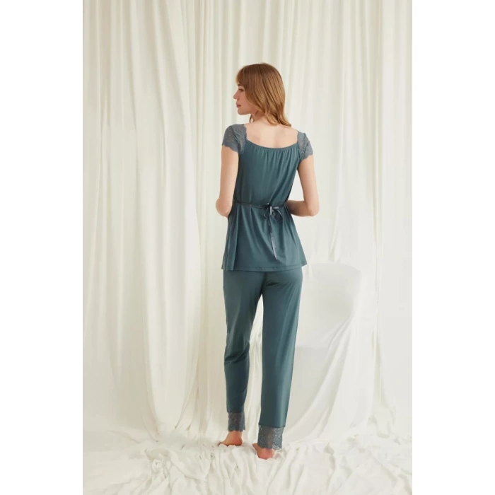 Dantelli Önü Düğmeli Hamile Lohusa 3lü Viskon Pijama Takımı