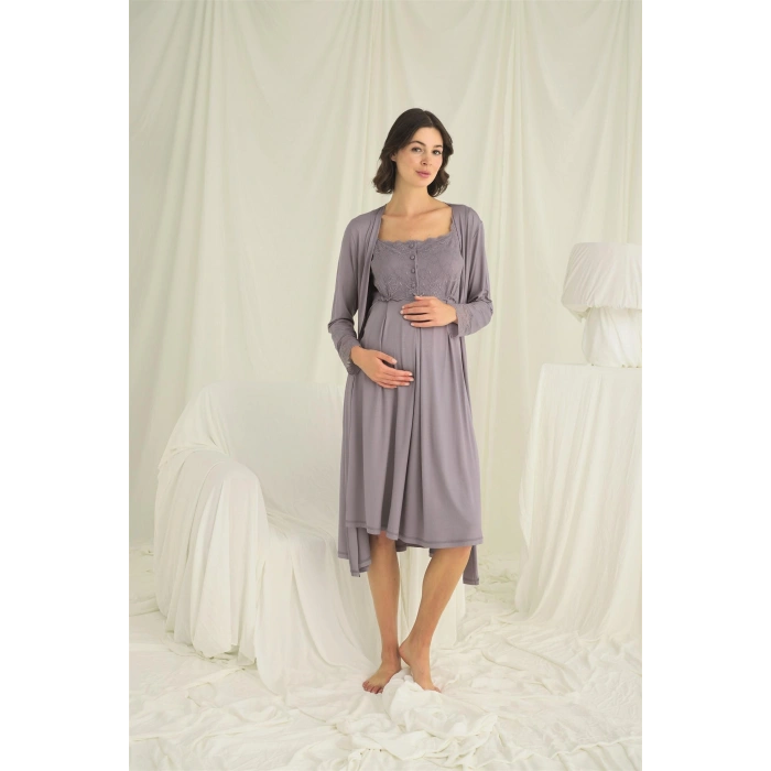 Dantelli Önü Düğmeli Hamile Lohusa Sabahlık Takımı