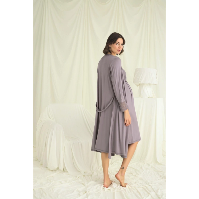 Dantelli Önü Düğmeli Hamile Lohusa Sabahlık Takımı