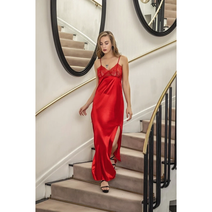 DANTELLİ UZUN YIRTMAÇLI SATEN GECELİK ELBİSE STRİNG TAKIM KIRMIZI (MGP31512)
