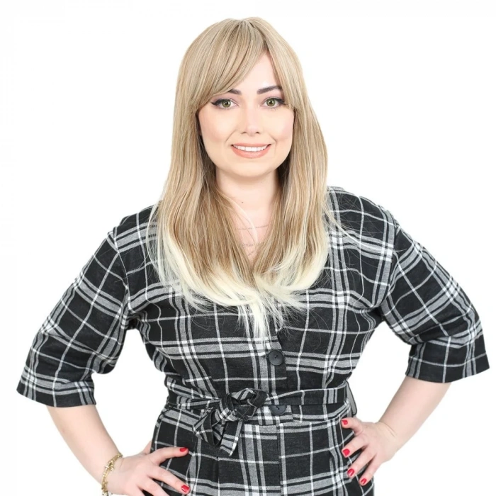 Düz Perçemli Orta Boy Fiber Sentetik Peruk - Karamel / Platin Röfleli