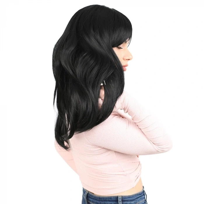 Düz Perçemli Orta Boy Fiber Sentetik Peruk - Siyah