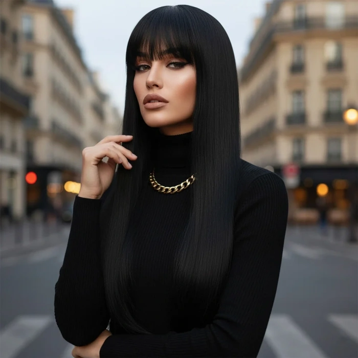 Düz Perçemli Uzun Fiber Sentetik Peruk - Siyah