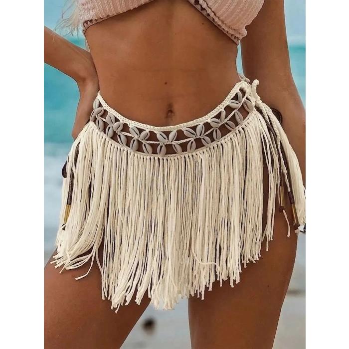Ekru Bikini Üstü Deniz Kabuklu Püsküllü Pareo,beachwear,bikini Üstü El Emeği Plaj Eteği,bohem Etek