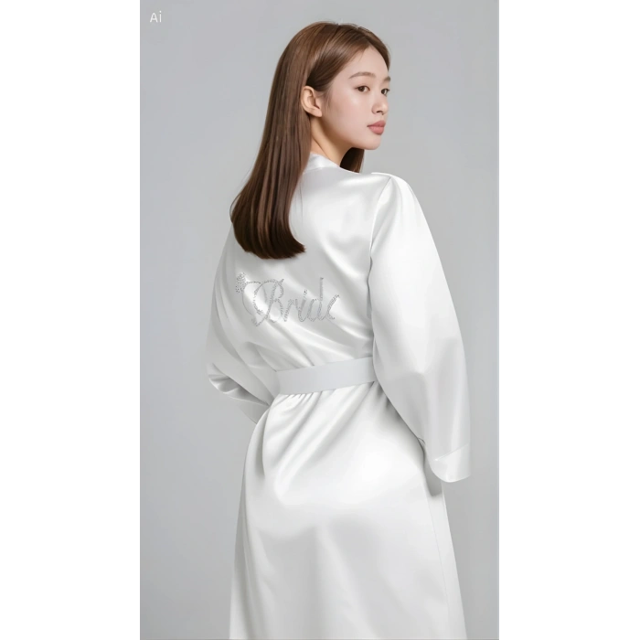 Ekru Saten Bride Sabahlık Zarif Kadın Ev Giyim