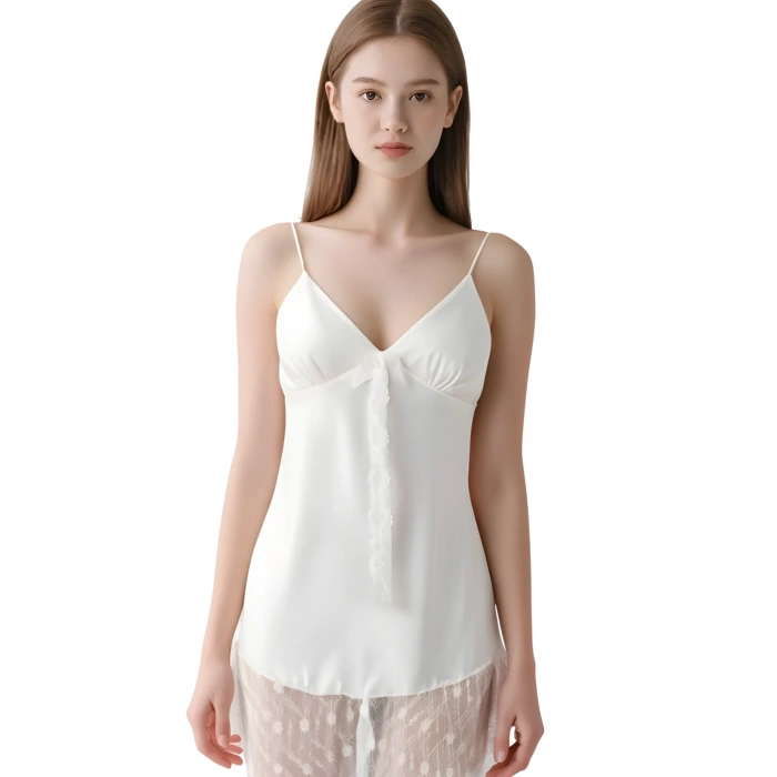 Ekru Saten Mini Gecelik Zarif Kadın Gece Elbisesi