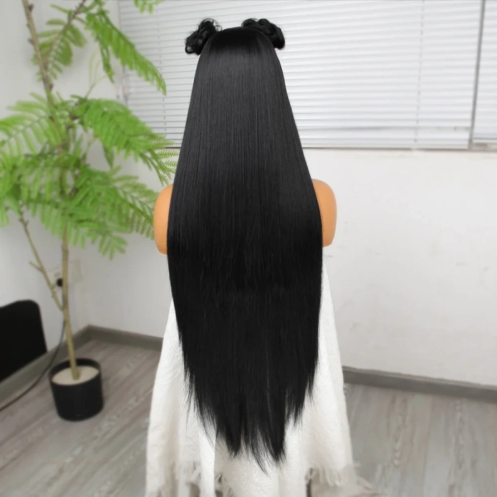 Ekstra Uzun Siyah Fiber Sentetik Düz Tül Peruk