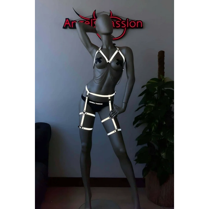Erotik Giyim Dans Elbiseleri Reflektörlü Jartiyer Harness Takım - APFT497