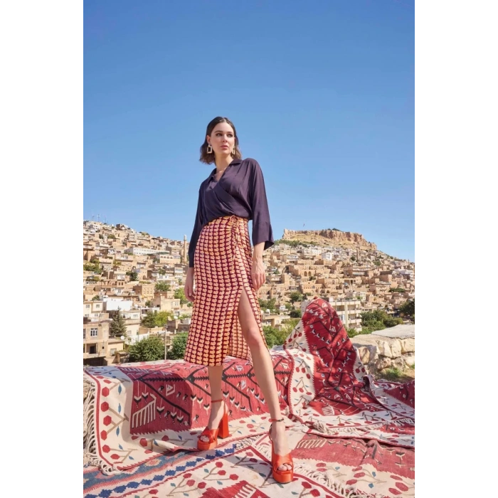 Etnik Desenli Saten Etek Takımı