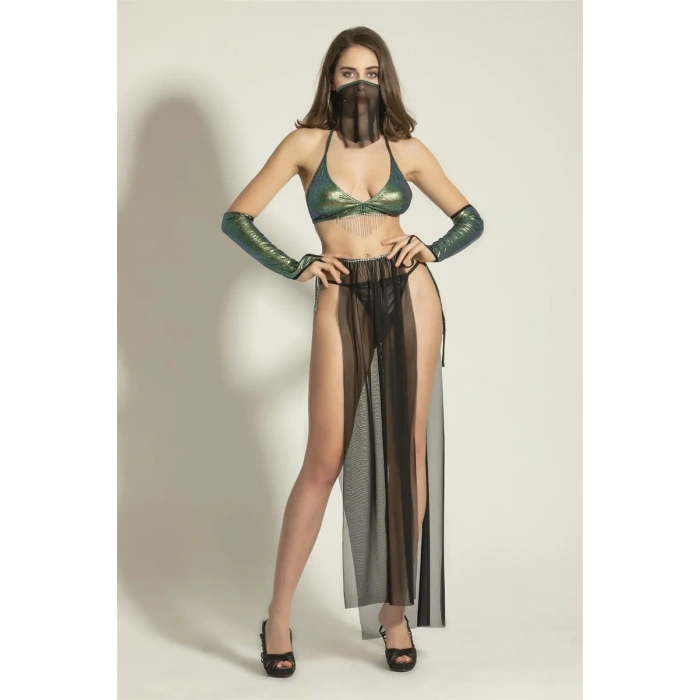 FANTEZİ DANSÖZ KOSTÜMÜ SİYAH/YEŞİL (MGP6456)