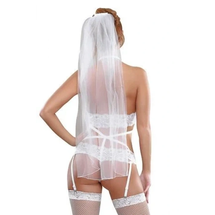 Fantezi Duvaklı Dantelli  Seksi Gelin Jartiyer Takımı Çorapsız BC2376