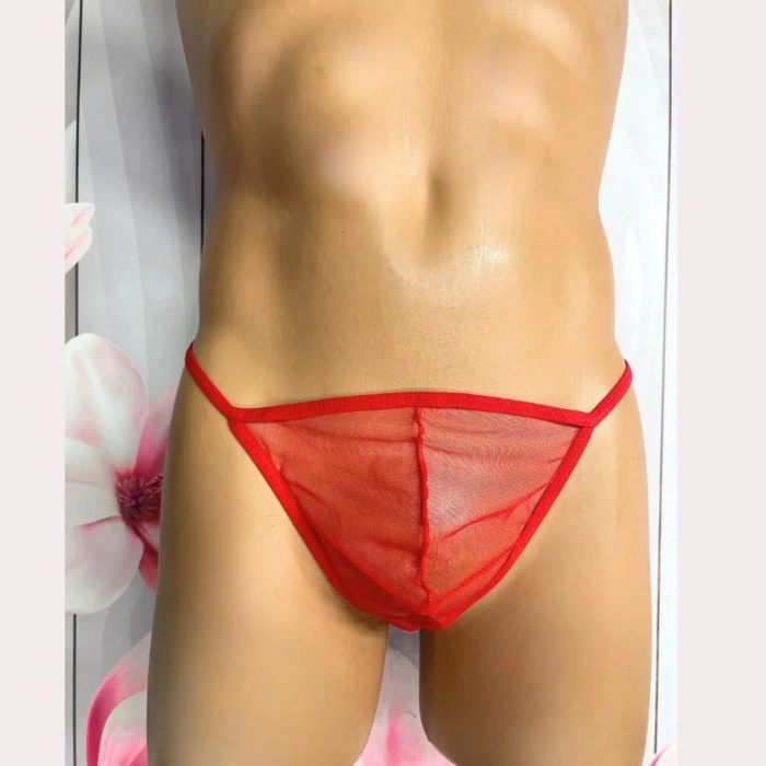 Fantezi Kırmızı Transparan Seksi Tül Erkek String BC4602