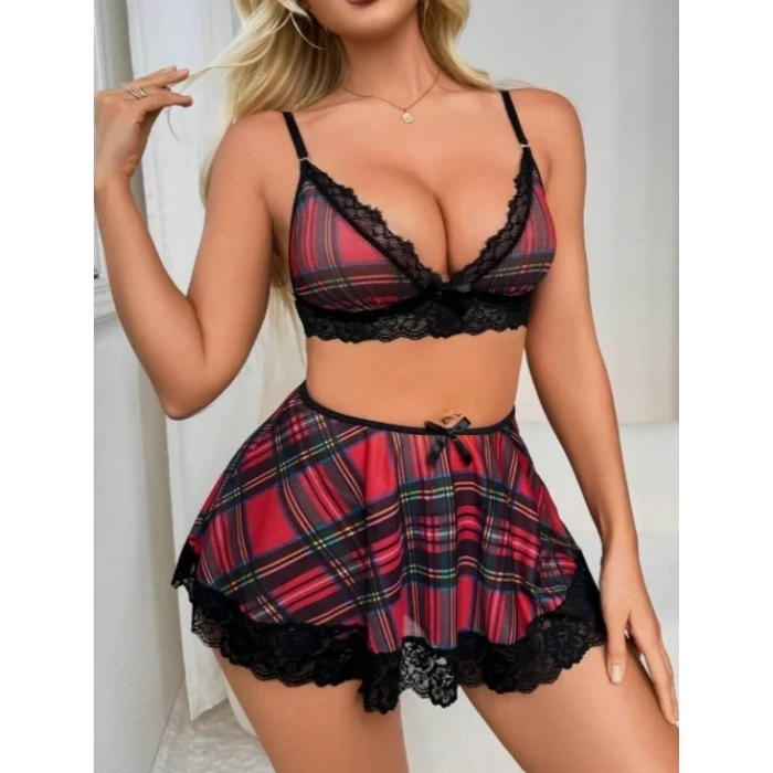 Fantezi Seksi Dantelli Ekose Sütyen Mini Etek Takım