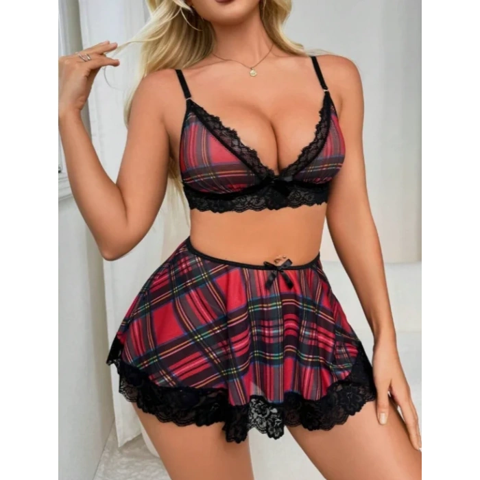 Fantezi Seksi Dantelli Ekose Sütyen Mini Etek Takım BC10128