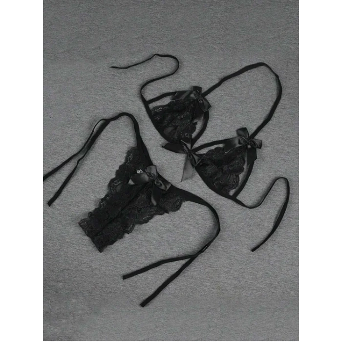 Fantezi Seksi Siyah Fiyonk Süslemeli Dantelli Sütyen String Takımı BC9707