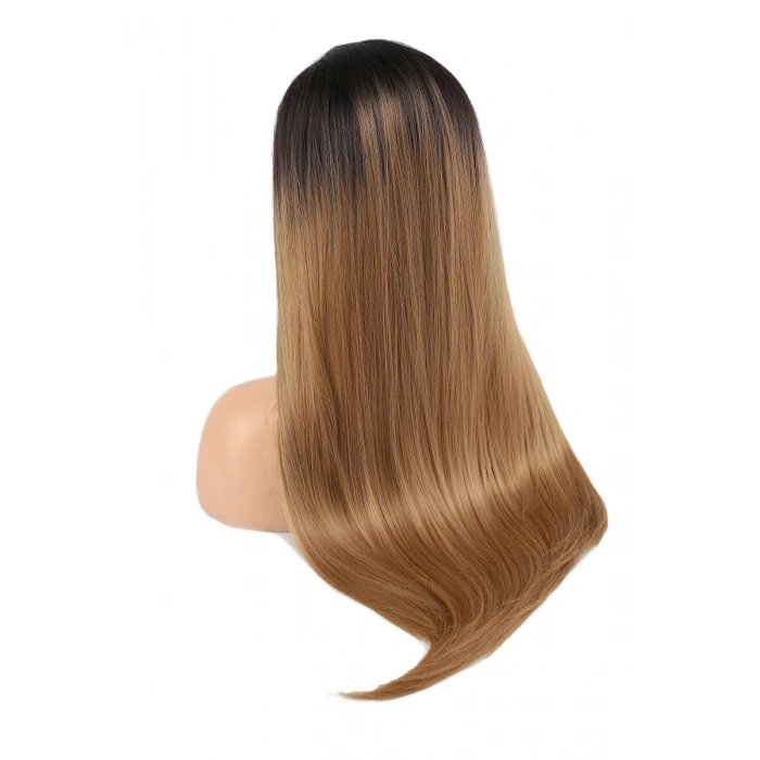 Fiber Sentetik Düz Uzun Tül Peruk - Siyah Karamel Orta Ombreli