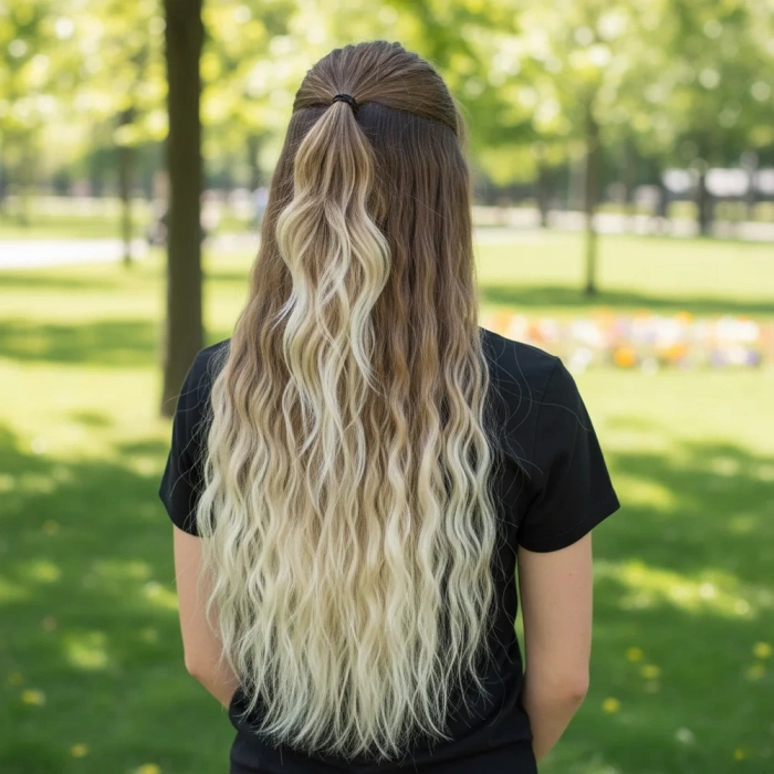 Fiber Sentetik Kabarık Dalgalı Yarım Ay + 2 Yan Çıt Çıt - Kumral Platin Ombreli