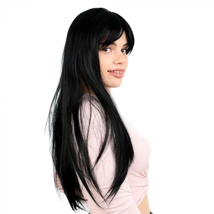 Fiber Sentetik Uzun Düz Kahküllü  Peruk - Siyah