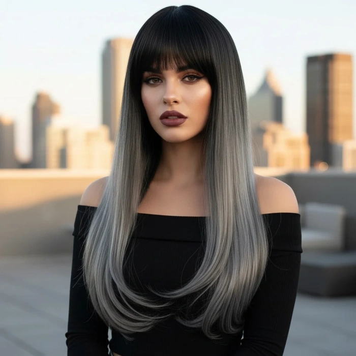 Fiber Sentetik Uzun Düz Kahküllü Peruk - Siyah Gri Ombreli