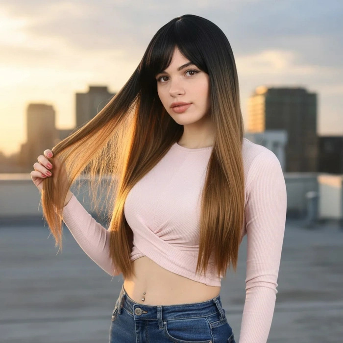 Fiber Sentetik Uzun Düz Kahküllü Peruk - Siyah / Karamel Ombreli