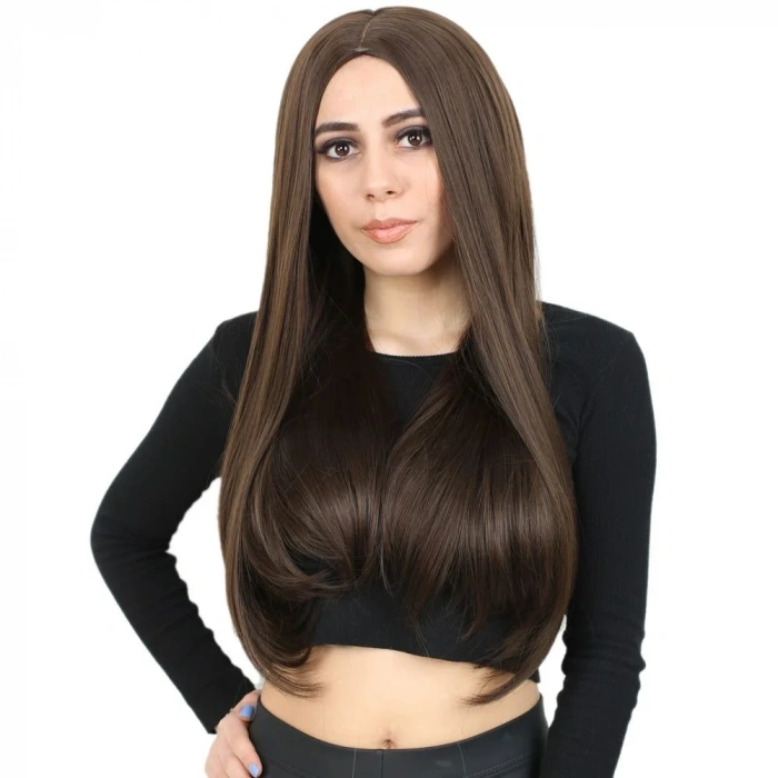 Fiber Sentetik Uzun Düz Peruk - Açık Kahve