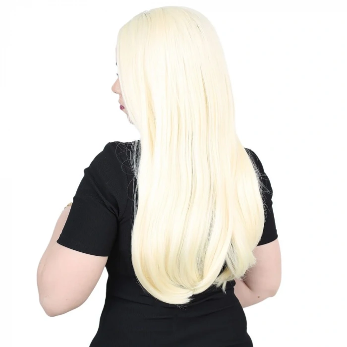 Fiber Sentetik Uzun Düz Peruk - Açık Platin