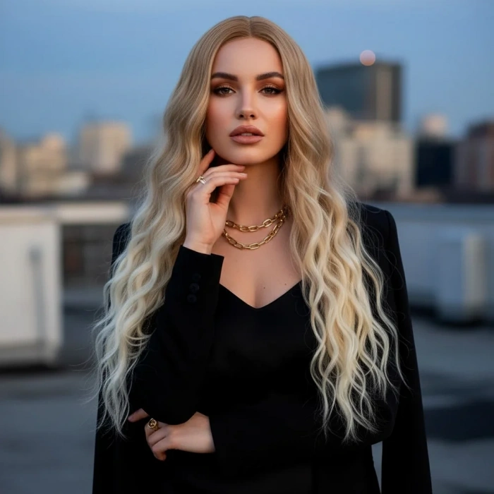 Fiber Sentetik Uzun Su Dalgası Peruk - Balköpüğü / Platin Kısa Ombreli