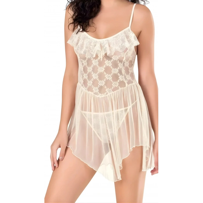 Fildişi Tül Mini Gecelik Zarif Kadın Gece Elbisesi