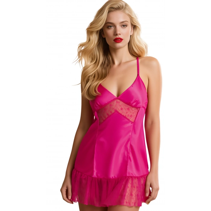 Fuşya Saten Mini Gecelik Zarif Kadın Gece Elbisesi