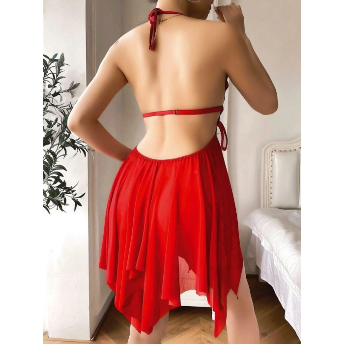 Göğüs Kelebek Detaylı Fantezi Tül Kırmızı Gecelik