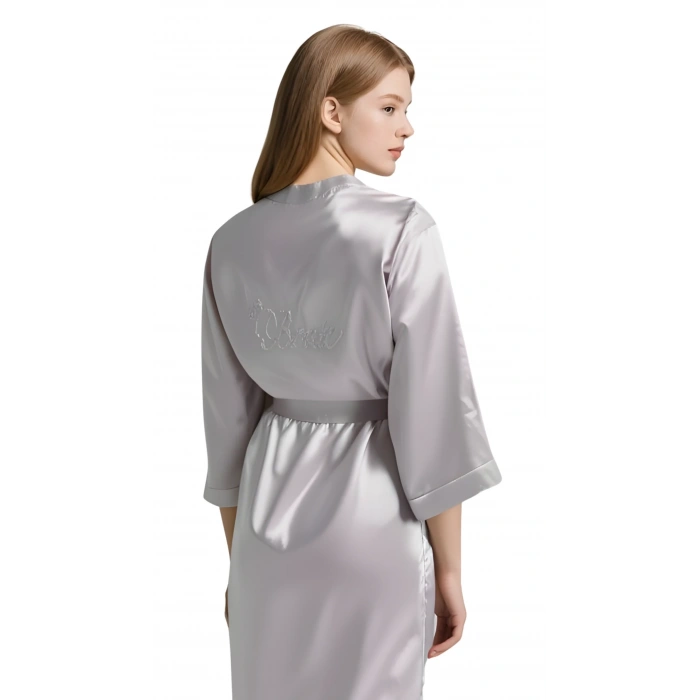 Gri Saten Bride Sabahlık Zarif Kadın Ev Giyim