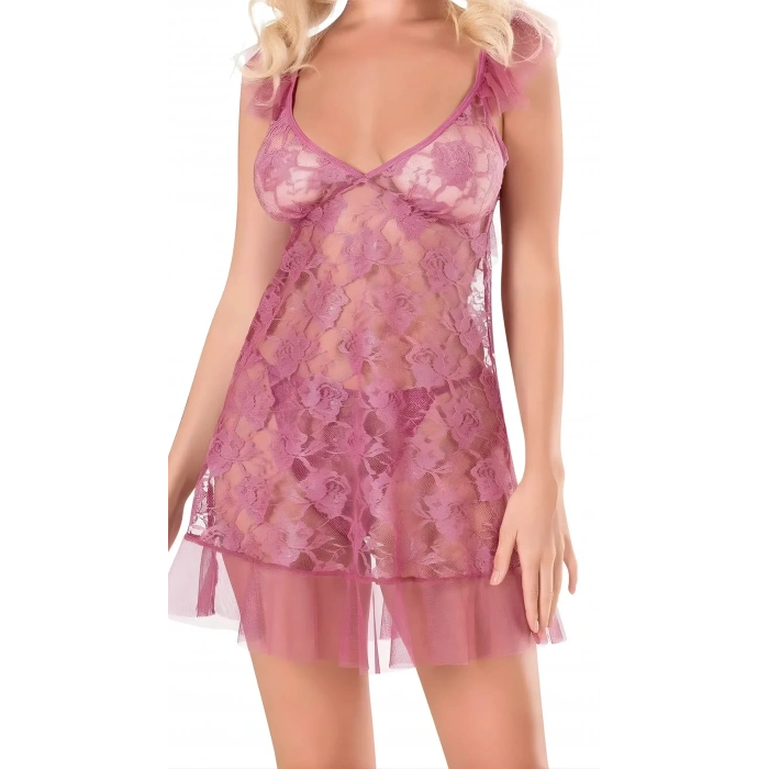 Gül Kurusu Tül Mini Fantezi Kadın Gecelik