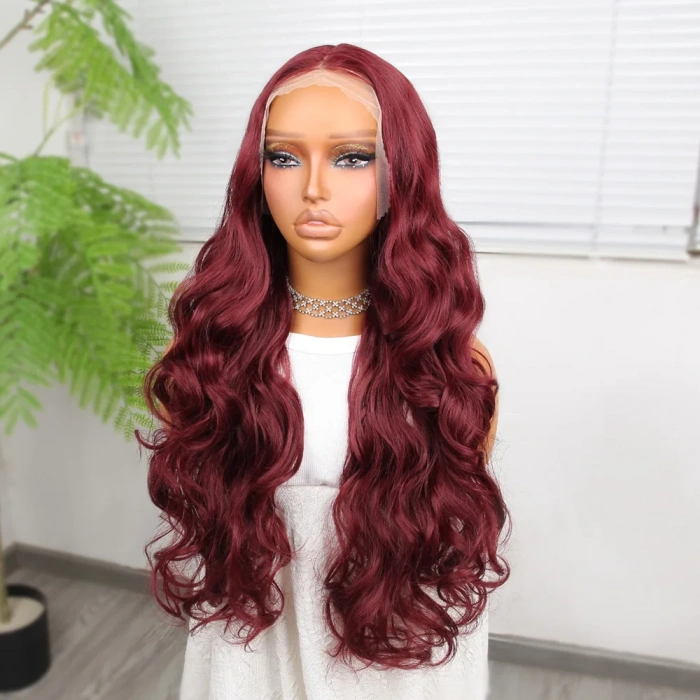 Gür Yoğun Su Dalgalı Koyu Kızıl Fiber Sentetik Uzun Tül Peruk