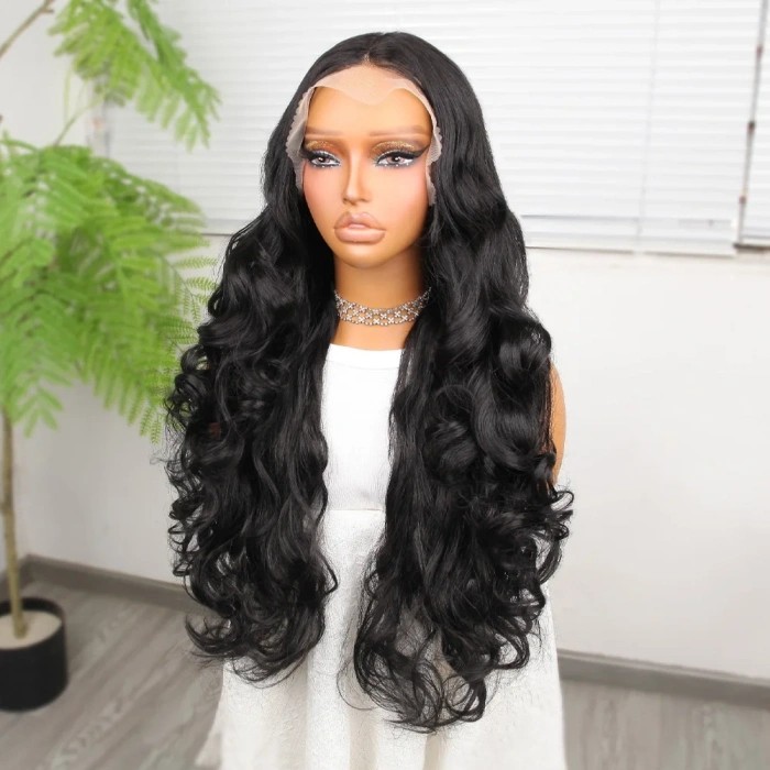 Gür Yoğun Su Dalgalı Siyah Fiber Sentetik Uzun Tül Peruk