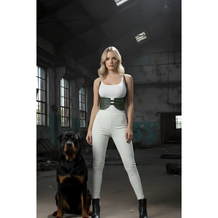 Haki Renk Kalın Kadın Kemeri, Deri Kemer Harness - Brf605