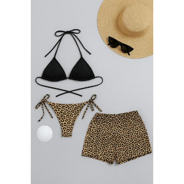 Kadın 3lü Set Siyah Ve Leopar Desenli Şortlu Yandan Bağlamalı Bikini Mayo Takımı