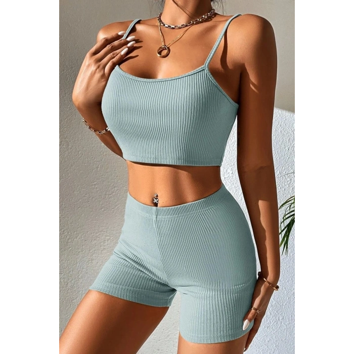 Kadın Açık Mavi Kaşkorse Şortlu Crop Atlet Takım Esnek Kumaş Yüksek Bel
