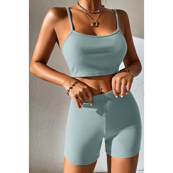 Kadın Açık Mavi Kaşkorse Şortlu Crop Atlet Takım Esnek Kumaş Yüksek Bel