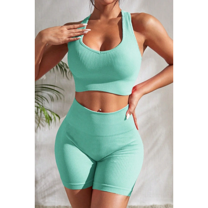 Kadın Açık Mavi Yüksek Bel Çapraz Sırt Detaylı Şortlu Gecelik Takım