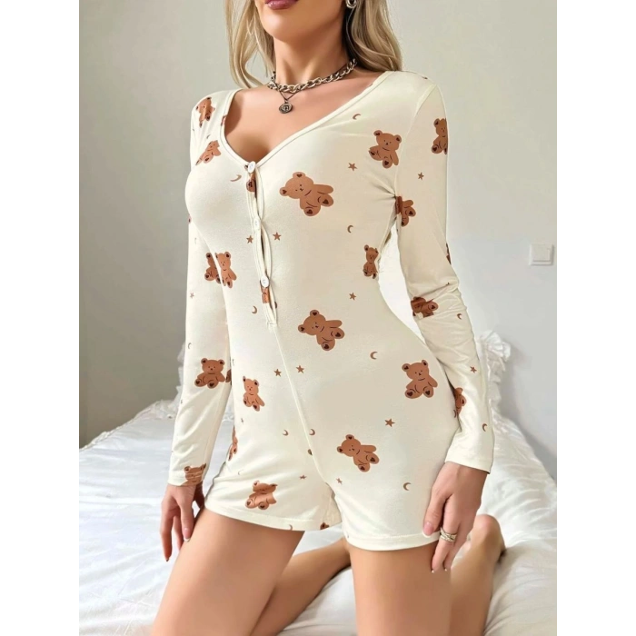 Kadın Bej Ayıcık Desenli Pijama Tulumu Yumuşak Rahat Ev Giyimi Şık Özel Tasarım