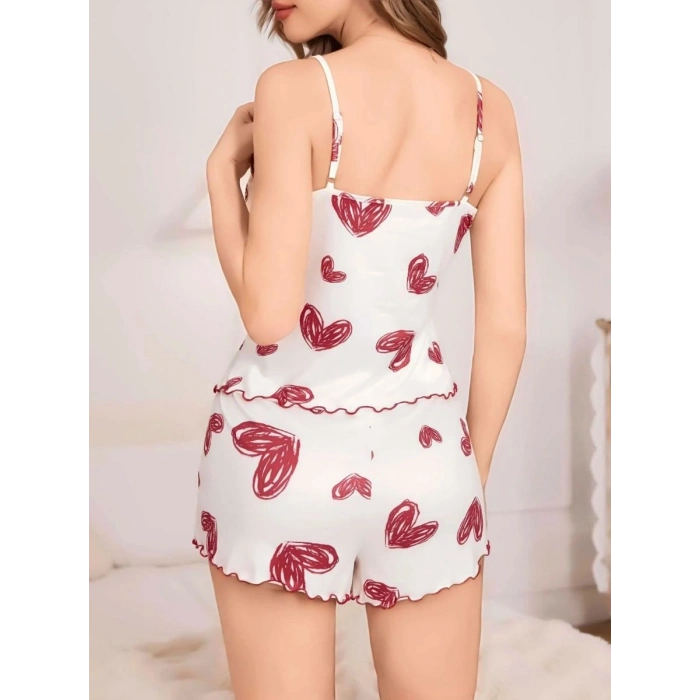 Kadın Beyaz Kalp Desenli Şortlu Gecelik Pijama Takımı Sevimli Rahat 2’li Set